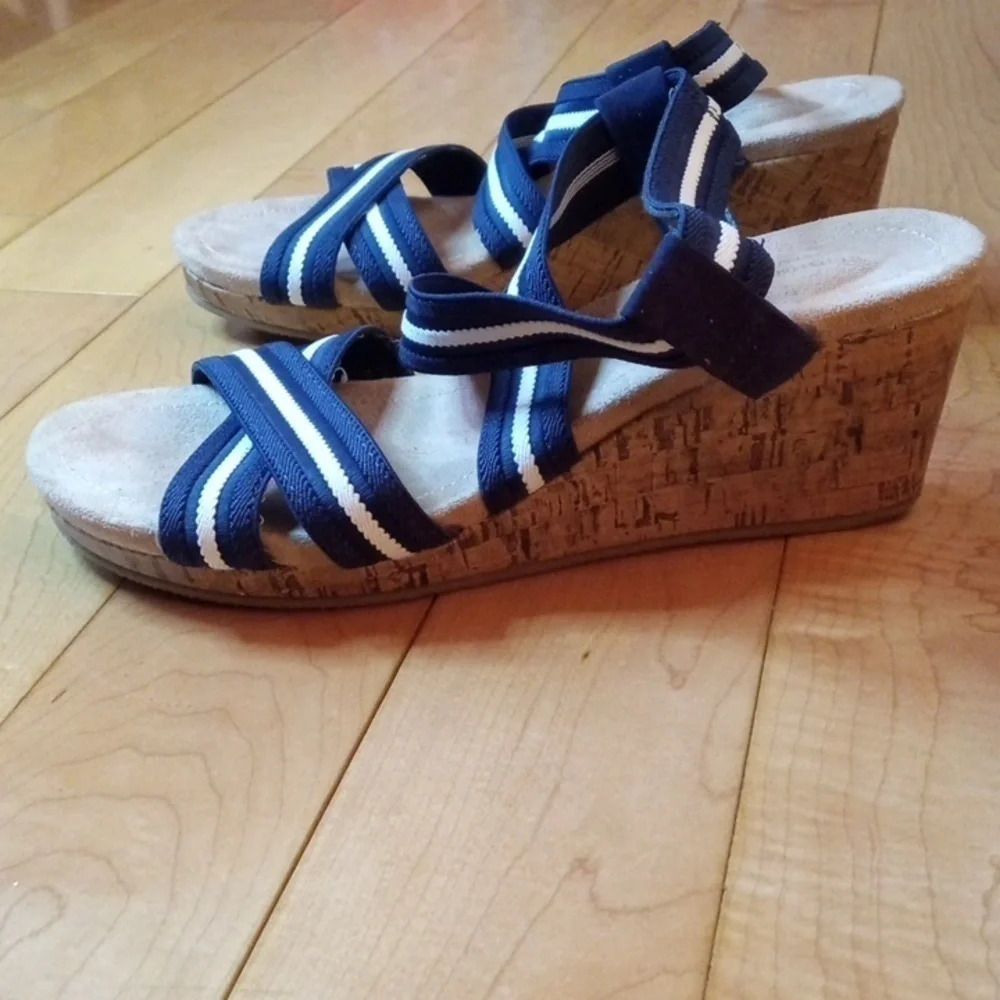 St Johns Bay cork wedge sandals in blue white stripe elastic straps